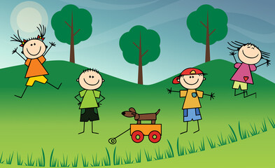 Vector Illustration of Funny kids playing outdoors. Happy girls jump together on a sunny day.