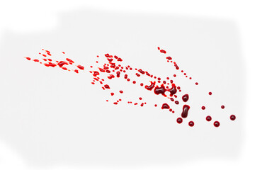 Drops of blood staining spots on a white background, medecine, drug addiction, killing