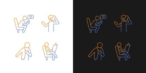 Everyday life gradient icons set for dark and light mode. Making telephone call. Thin line contour symbols bundle. Isolated vector outline illustrations collection on black and white