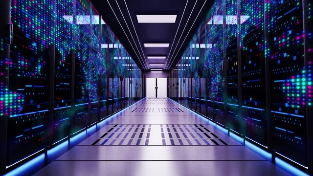4K Loop Digital High speed digital lines travels network and information servers. fiber optic cables network Animation. data Digital information server room of data center. artificial intelligence.
