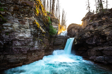 Stunning Sunset on Saint Mary Falls, Glacier National Park, Montana