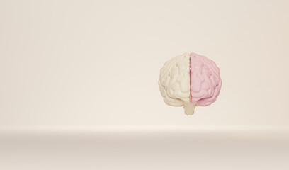 Minimal human brain left and right cerebral separate color isolated on pastel background. Human brain Anatomical Model 3d illustration, thinking comic speech bubble. 3d render