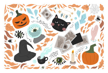 large set of cute Halloween symbols - black cat, eyes, witch hat, pumpkins, spiders, fortune telling ball, cards, crystals, autumn leaves. flat illustration. for a postcard, poster or any design.