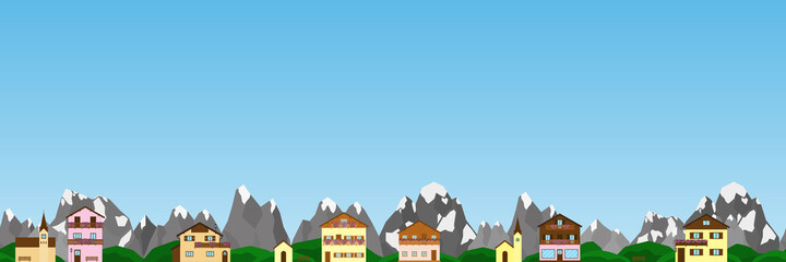 Seamless background with Alpine houses and churches.