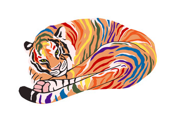 tiger with rainbow colored stripes. LGBTQ support. Human rights. flat illustration. symbol of 2022 new year. for a postcard, poster or any design. isolated on white.