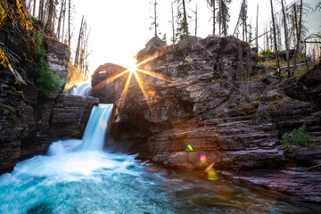 Stunning Sunset on Saint Mary Falls, Glacier National Park, Montana