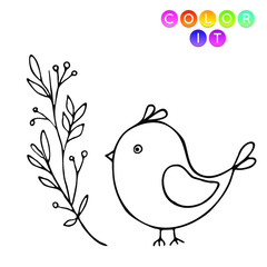 Black and White cartoon vector illustration. Anti-stress page for child.  Cute outline education game. Fantasy coloring page with bird. Coloring book, print, t shirt design, sticker, label.