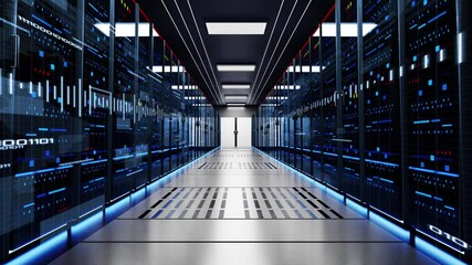 4K Digital High speed digital lines travels through fiber optic cables network Animation. data Digital information servers server room of data center. artificial intelligence. Network data servers - Powered by Adobe