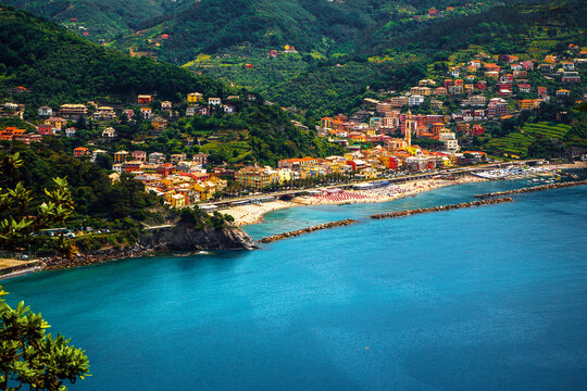 Aerial panoramic view of Moneglia sea bay, Punta Manara hill, Liguria