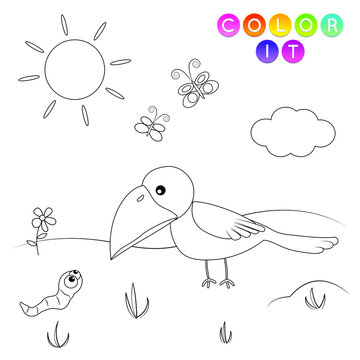 Black and White cartoon vector illustration. Anti-stress page for child.  Cute outline education game. Fantasy coloring page with bird. Coloring book, print, t shirt design, sticker, label.