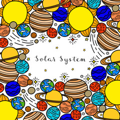 Square background with hand drawn planets, stars.