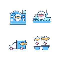 Fish processing and transportation RGB color icons set. Seafood product manufacturing. Fish processing vessel and factory. Isolated vector illustrations. Simple filled line drawings collection