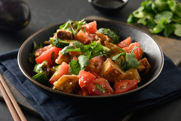 Chinese crispy spicy eggplant with cucumber, garlic, tomatoes, fresh cilantro leaves in oyster sauce and black vinegar on black background. Close up.