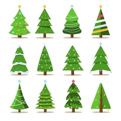 Set of Christmas trees. New Years and xmas traditional symbol tree with garlands, light bulb, star. Winter holiday.