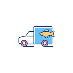 Fish transporting RGB color icon. Commercial transportation of aquaculture products. Seafood products supply. Fresh and frozen fish. Isolated vector illustration. Simple filled line drawing