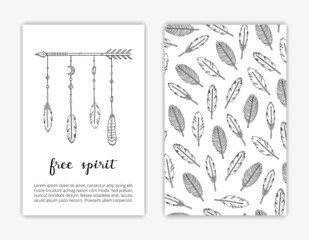 Card templates with boho feathers.