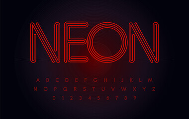 Red neon font glowing, tube letters set, outline contour alphabet. Modern night life type for casino, bar, cafe, karaoke, casino logo or headline. Vector typography design © artyway