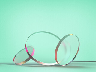 Fototapeta na wymiar 3D rendered round shapes in transparent material on a light background. Illustration of innovation concepts, optical glasses, or minimalism. Visualization of illusion and backgrounds.