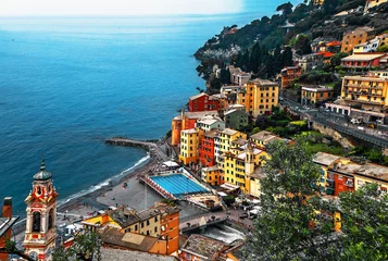 Fototapeten High angle view of Sori village and beach coast, Genova, Liguria © Francesco	Valenti