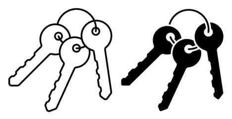 Linear icon. Bunch of keys on ring from lock of front door of residential building. Round handle key. Simple black and white vector isolated on white background