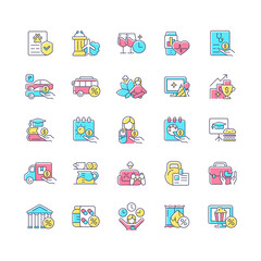Employee perks and bonuses RGB color icons set. Workplace benefits. Enhancing worker experience. Performance awards. Isolated vector illustrations. Simple filled line drawings collection