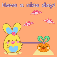Halloween concept. Happy cute bunny hold illuminated pumpkin lantern. Decoration with adorable bat. Kawaii rabbit cartoon character vector design. Animal doodle. Have a nice day! Lovely greeting card.