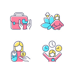 Employee incentives RGB color icons set. Child care assistance. Meditative space at work. Paid parental leave. Flexible hours. Isolated vector illustrations. Simple filled line drawings collection