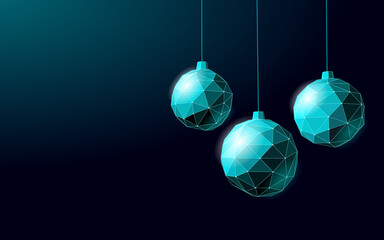 Christmas tree ball decoration low poly. Modern futuristic technology art template greeting card. Dark blue background. Glowing sparkling 3D render sphere Happy New Year banner vector illustration
