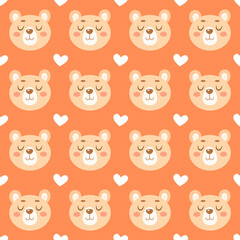 Seamless pattern with cute cartoon bears and hearts isolated on orange background