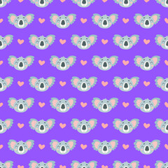 Seamless pattern with cute cartoon koalas and hearts isolated on violet background