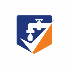 Check plumbing logo template illustration. Water faucet with check tick logo symbol vector icon illustration.