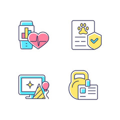 Motivating employees RGB color icons set. Health trackers for workers. Pet insurance. Workplace celebration. Gym membership. Isolated vector illustrations. Simple filled line drawings collection
