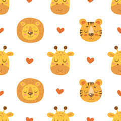 Seamless pattern with cute tigers, lions, giraffes and hearts isolated on white background