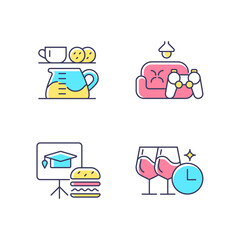 Employee engagement RGB color icons set. Office coffee station. Game room. Training session during lunch. Company happy hour. Isolated vector illustrations. Simple filled line drawings collection