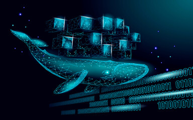 Whale and container computer docker developer app concept. Business digital open source program. Data coding steering 3D low polygonal vector line illustration