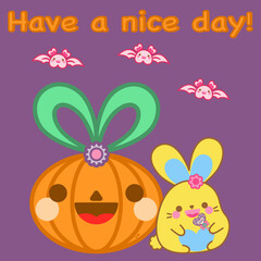 Halloween concept. Happy cute bunny eat candy, sit with giant pumpkin, pretty bat. Purple background. Kawaii rabbit adorable animal doodle cartoon character vector design. Have a nice day! Lovely card