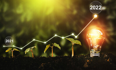 Seedlings are growing in soil with growth compared to year 2021-2022 and light bulb for innovations...