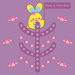 Halloween concept. Happy cute bunny hold sign, heart eyeball tree with spider hanging. Decoration with pretty bat. Purple background. Kawaii rabbit cartoon vector design. Have a nice day! Lovely card.