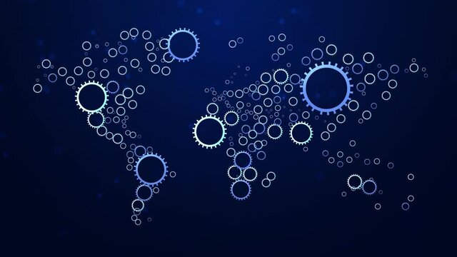 Abstract cog wheel Metal gears cogwheels making global world map Loop Animation. Economic, social or political cooperation. Global teamwork industrial background