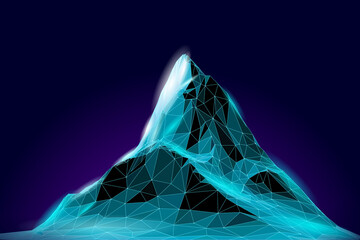 High mountain peak 3D landscape. Technology travel structure grid abstract goal reaching. Business success teamwork concept. Winter holiday vacation vector illustration