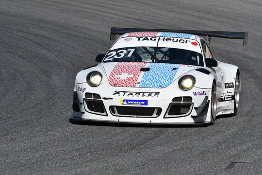 Mugello Circuit, Italy - 23 September 2021: Porsche 997 GT3 R in action at Mugello Circuit during Porsche Sports Cup Suisse event 2021 driven by unknown. Italy.