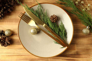 New Year table setting on wooden ​table