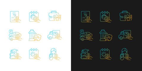 Rewarding employee for hard work gradient icons set for dark and light mode. Supplemental wages. Thin line contour symbols bundle. Isolated vector outline illustrations collection on black and white
