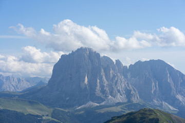 Seceda Mountains in the Dolomites, Trentino Alto Adige, Val di Funes Valley, South Tyrol in Italy, Odle Mountains in the background, Italy.