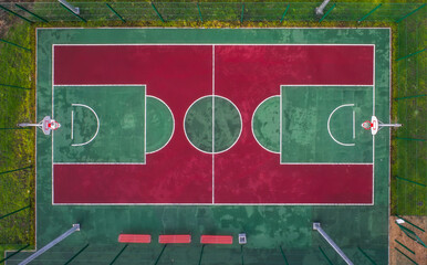 New basketball court at the school. View from above. Sports for health benefits.