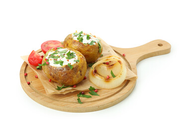 Board with baked potato isolated on white background