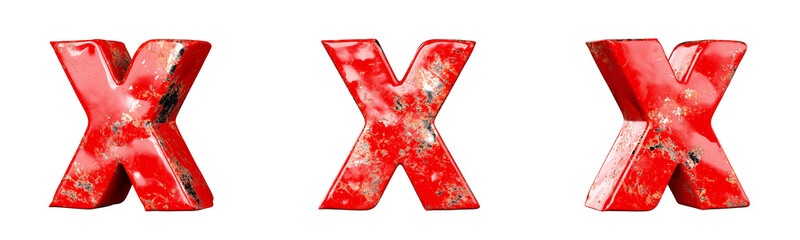 Letter X from Red scratched metallic letters alphabet collection set. Isolated. 3D Rendering