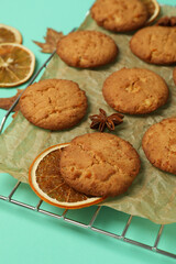 Concept of tasty food with pumpkin cookies, close up