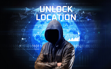 Faceless hacker at work, security concept