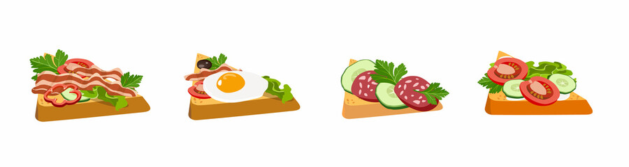 Set of morning sandwiches and toasts for breakfast. Fried pieces of bread with sausage, cheese, eggs, bacon and ham with tomatoes and cucumber. Concept breakfast for menu design. Vector illustration